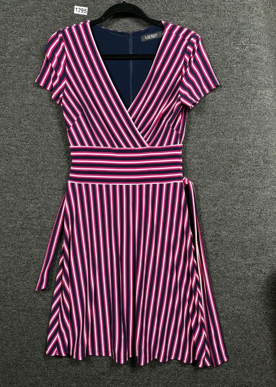 Lauren Ralph Lauren Striped Midi Dress Womens Size 2 Navy Purple Stretch V-Neck